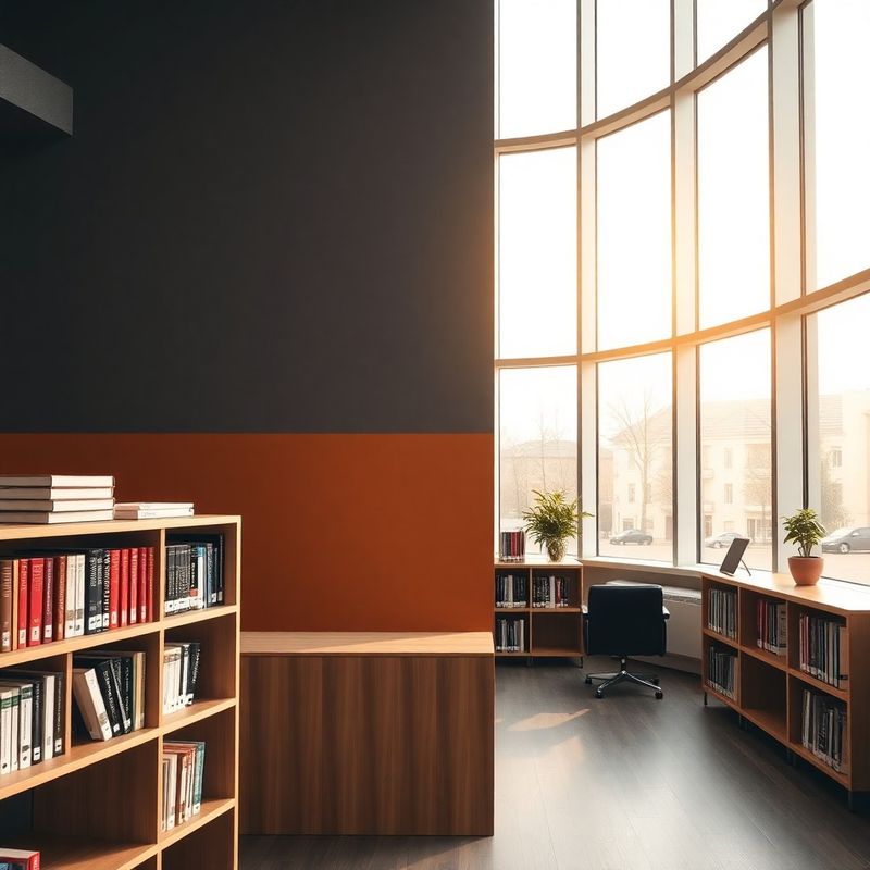 Interior de birou Consultiva360 cu accente ocru și rafturi de lemn